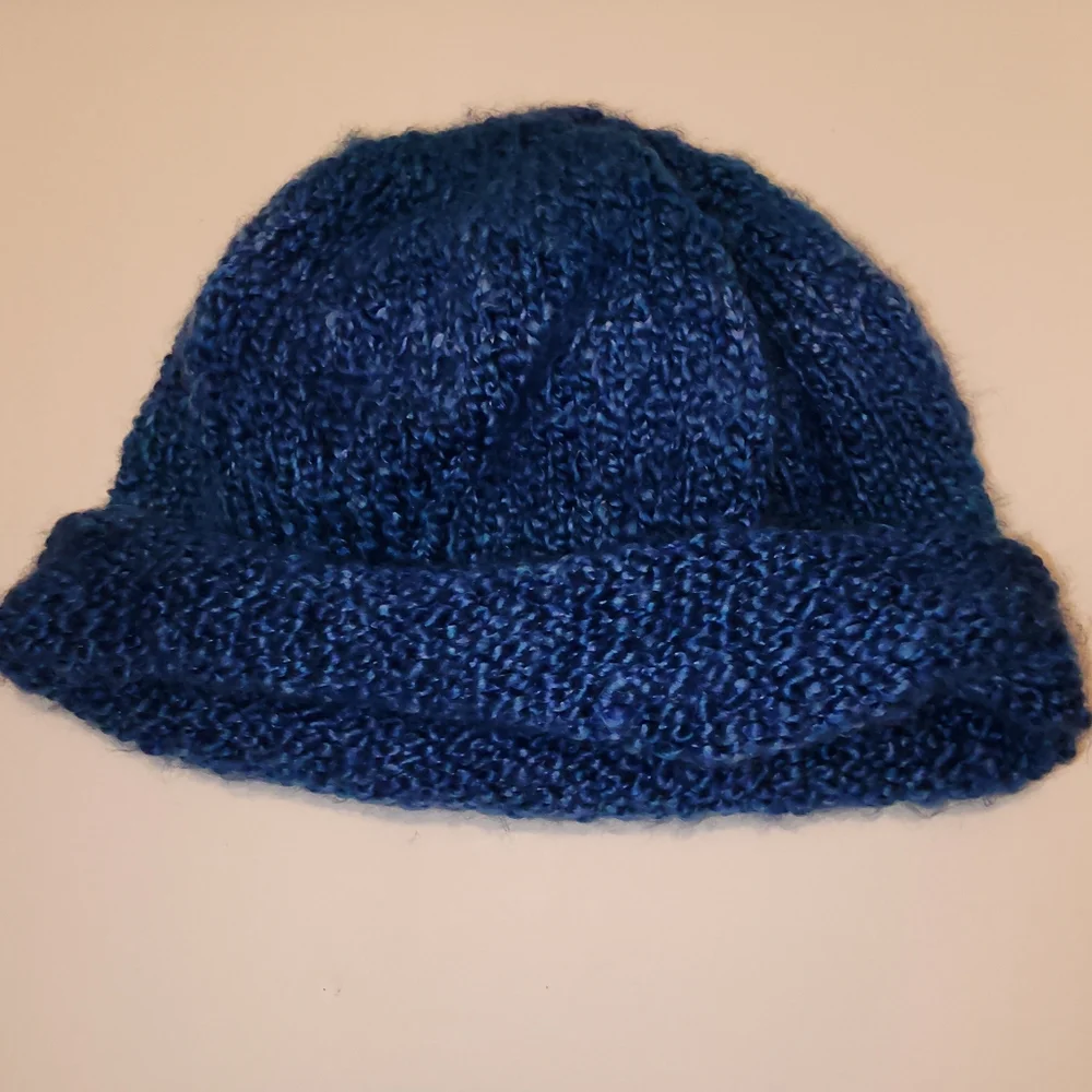 Blue Beanie Hand Knit Stretch Warm Soft 10.5
